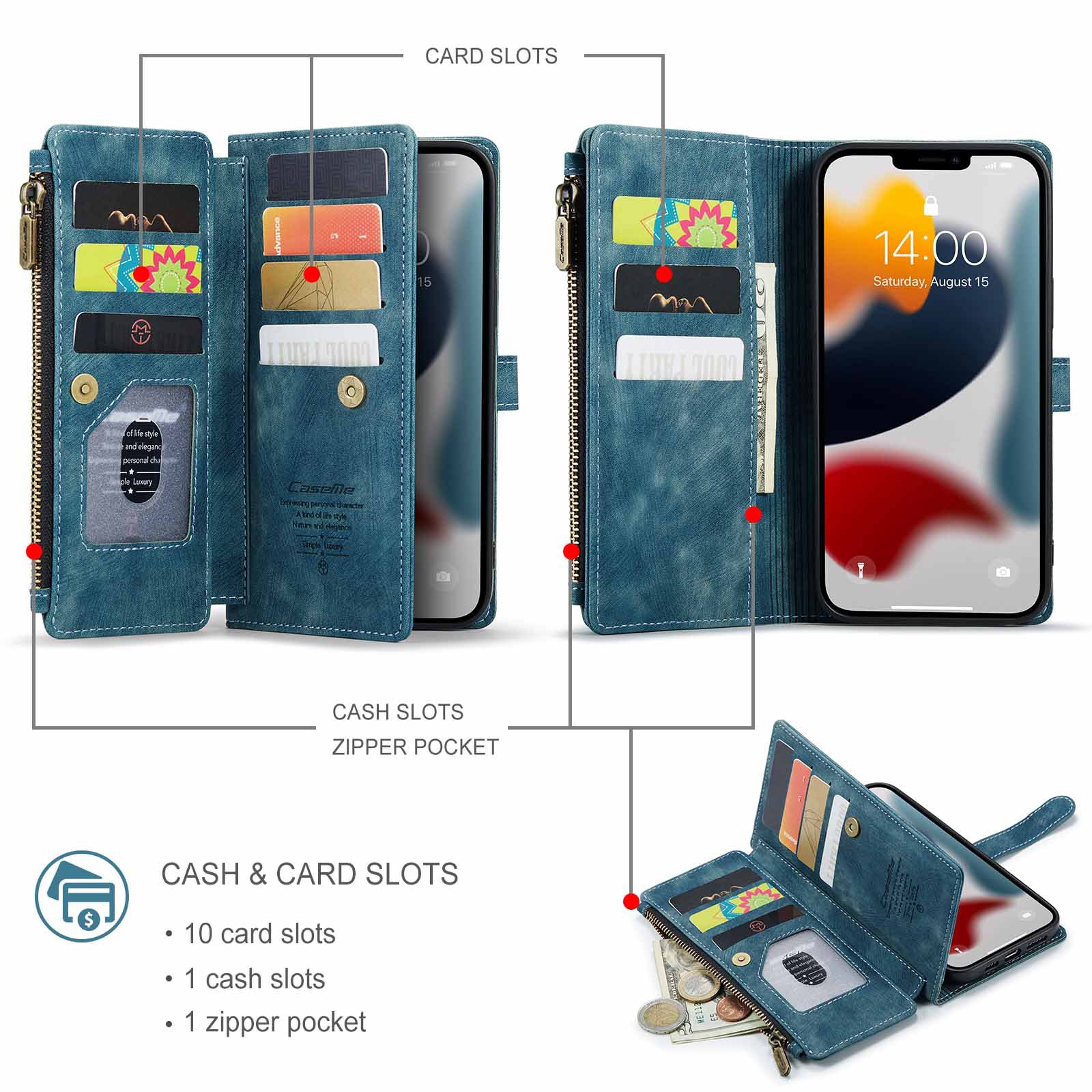 Nadaje się do 13promax portfel na zamek błyskawiczny skórzany pokrowiec Apple 14 wielokartowy futerał na telefon komórkowy iPhone15 flip 16 retro 7P