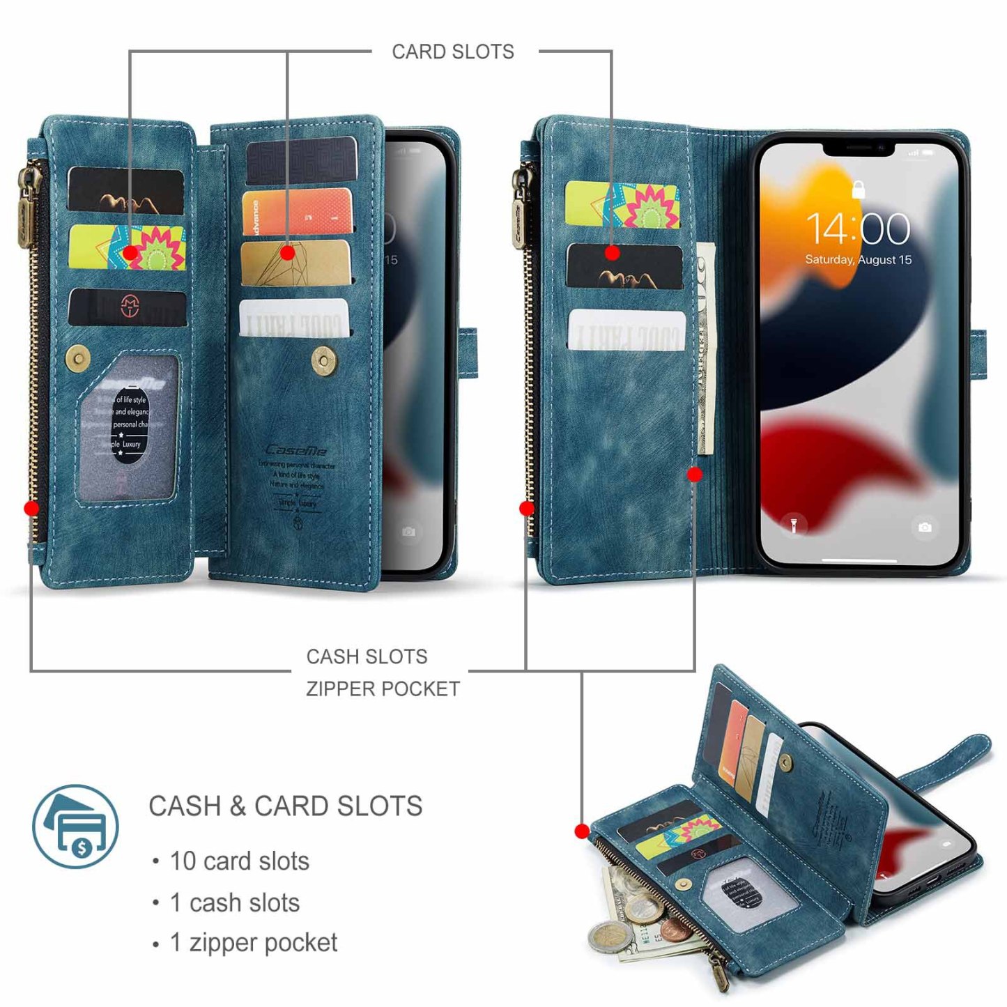 Nadaje się do 13promax portfel na zamek błyskawiczny skórzany pokrowiec Apple 14 wielokartowy futerał na telefon komórkowy iPhone15 flip 16 retro 7P