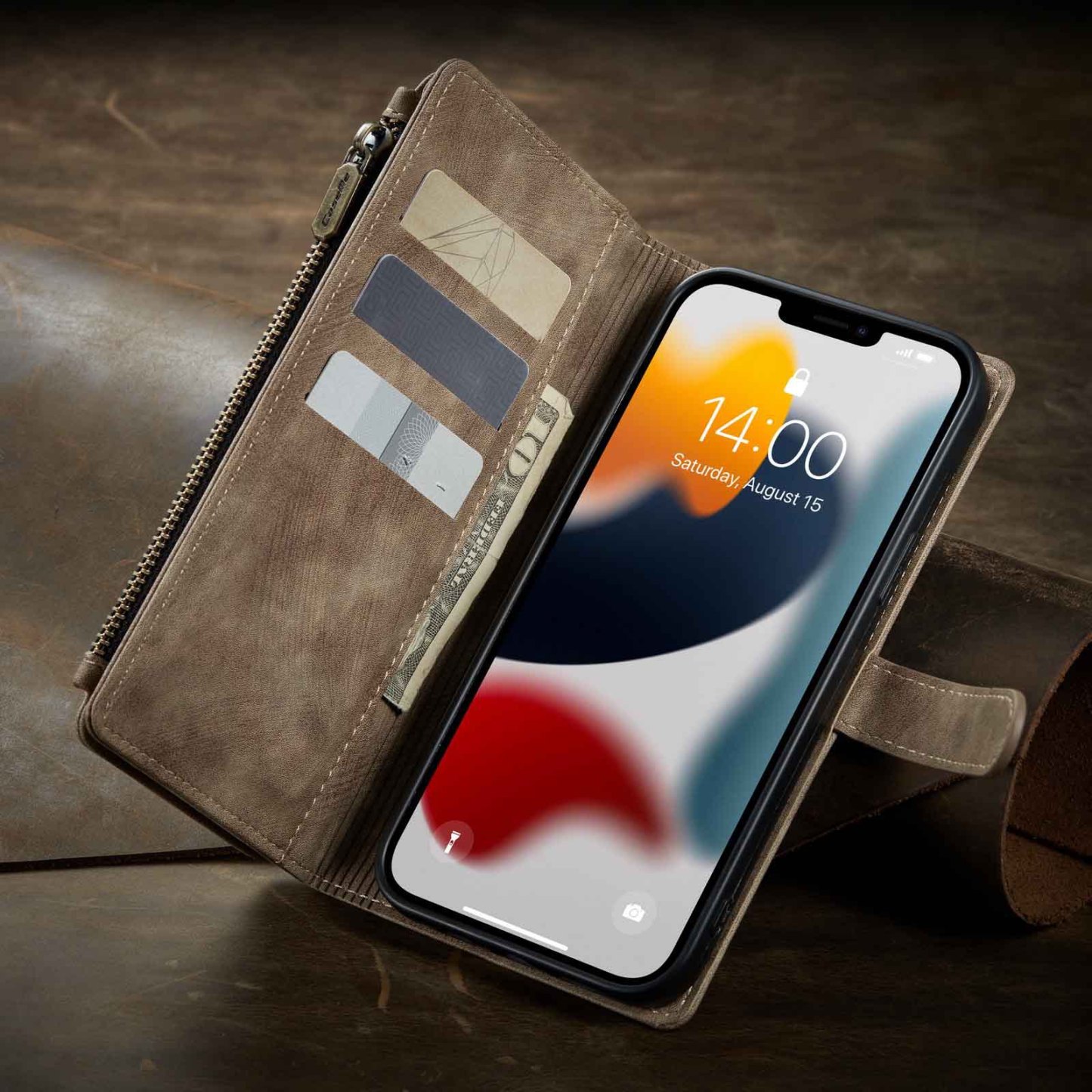 Nadaje się do 13promax portfel na zamek błyskawiczny skórzany pokrowiec Apple 14 wielokartowy futerał na telefon komórkowy iPhone15 flip 16 retro 7P