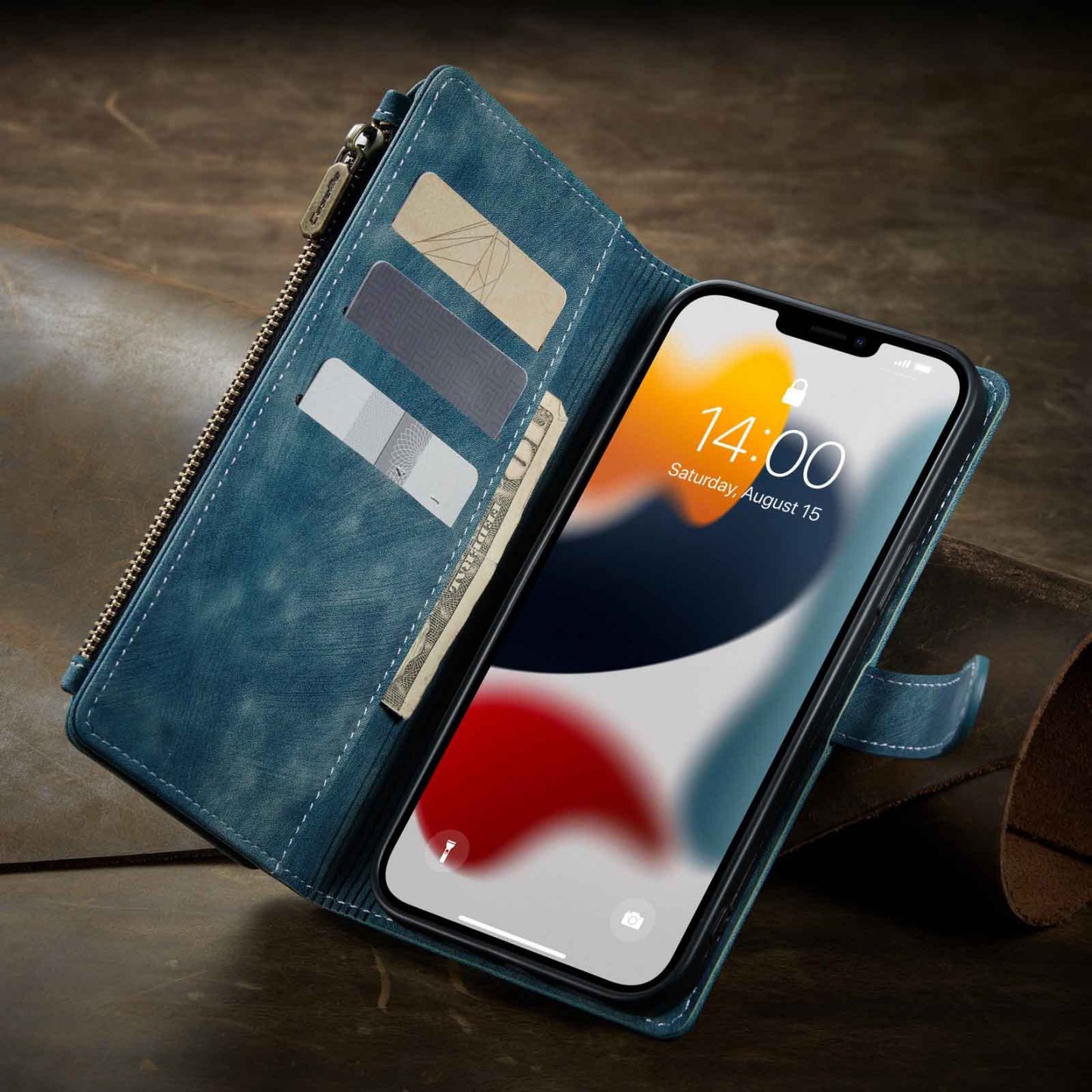 Nadaje się do 13promax portfel na zamek błyskawiczny skórzany pokrowiec Apple 14 wielokartowy futerał na telefon komórkowy iPhone15 flip 16 retro 7P