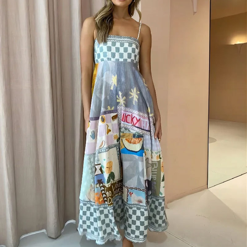 Letnia damska sukienka w nowym stylu, elegancka, z wysokim stanem i nadrukiem, na szelkach, w stylu casual