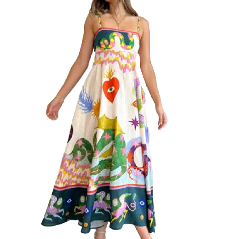 Letnia damska sukienka w nowym stylu, elegancka, z wysokim stanem i nadrukiem, na szelkach, w stylu casual