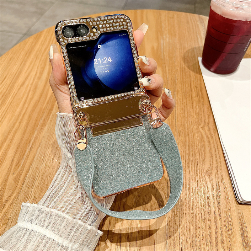 Diamentowa opaska na nadgarstek z brokatem, kompleksowa, chroniąca przed upadkiem obudowa na telefon Samsung Galaxy Flip