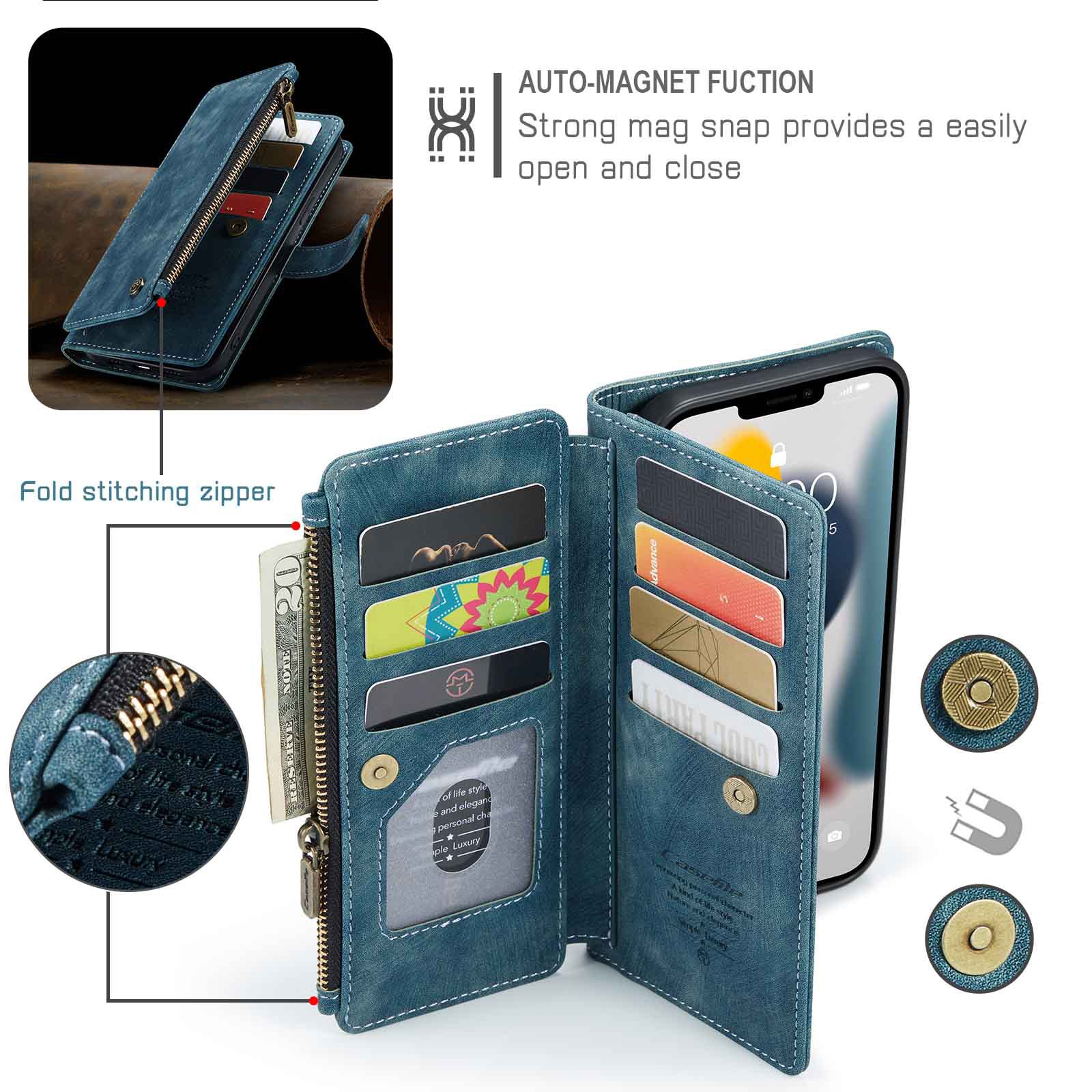 Nadaje się do 13promax portfel na zamek błyskawiczny skórzany pokrowiec Apple 14 wielokartowy futerał na telefon komórkowy iPhone15 flip 16 retro 7P