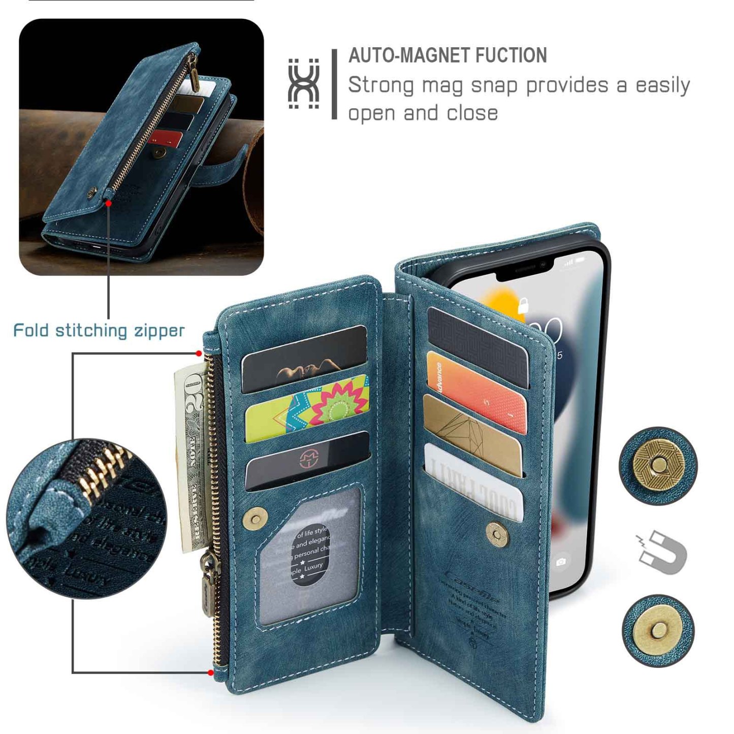 Nadaje się do 13promax portfel na zamek błyskawiczny skórzany pokrowiec Apple 14 wielokartowy futerał na telefon komórkowy iPhone15 flip 16 retro 7P