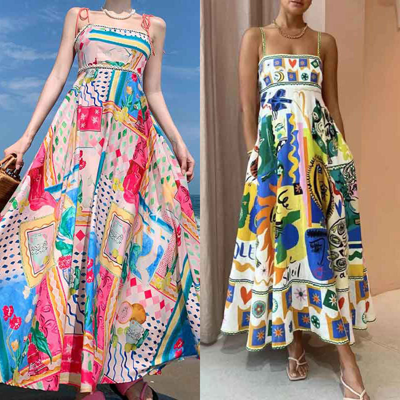 Letnia damska sukienka w nowym stylu, elegancka, z wysokim stanem i nadrukiem, na szelkach, w stylu casual