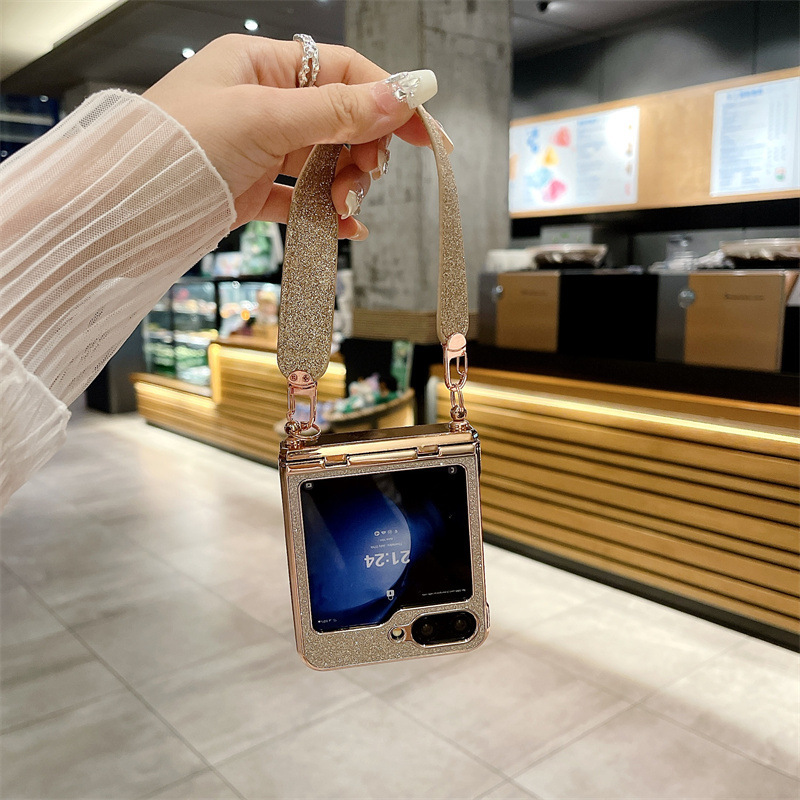 Diamentowa opaska na nadgarstek z brokatem, kompleksowa, chroniąca przed upadkiem obudowa na telefon Samsung Galaxy Flip