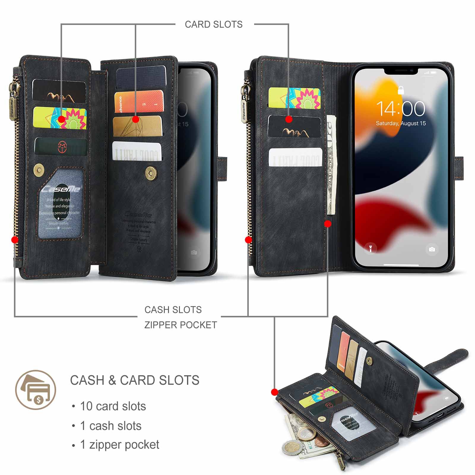 Nadaje się do 13promax portfel na zamek błyskawiczny skórzany pokrowiec Apple 14 wielokartowy futerał na telefon komórkowy iPhone15 flip 16 retro 7P