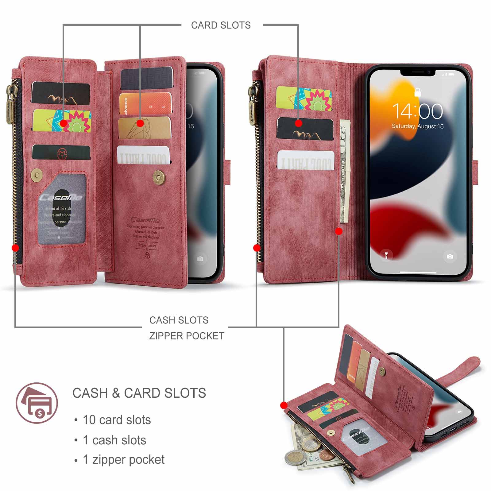 Nadaje się do 13promax portfel na zamek błyskawiczny skórzany pokrowiec Apple 14 wielokartowy futerał na telefon komórkowy iPhone15 flip 16 retro 7P