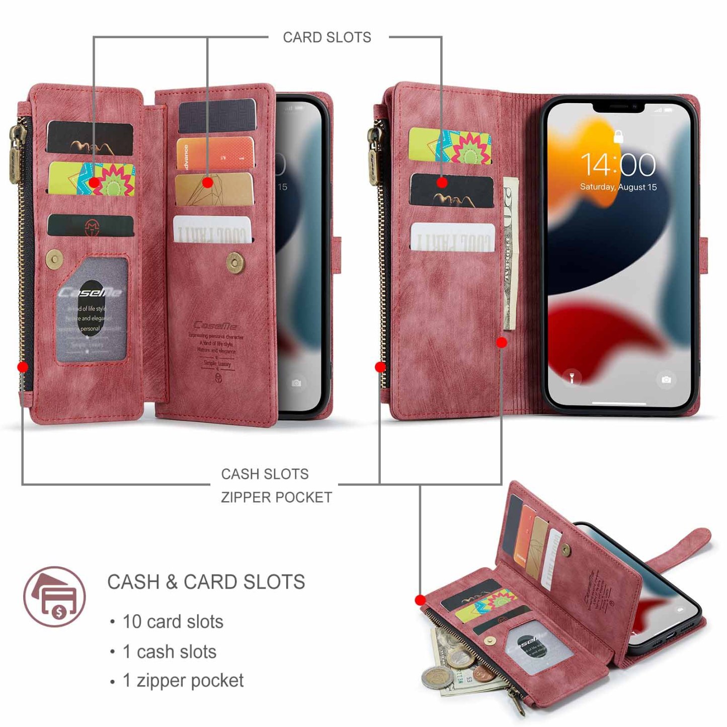 Nadaje się do 13promax portfel na zamek błyskawiczny skórzany pokrowiec Apple 14 wielokartowy futerał na telefon komórkowy iPhone15 flip 16 retro 7P