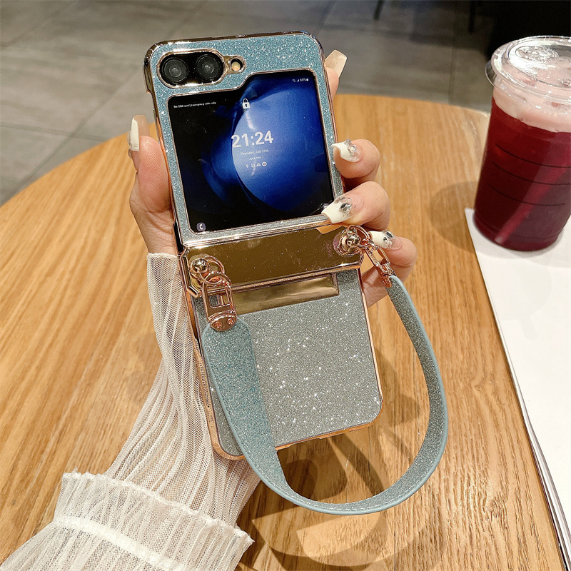 Diamentowa opaska na nadgarstek z brokatem, kompleksowa, chroniąca przed upadkiem obudowa na telefon Samsung Galaxy Flip