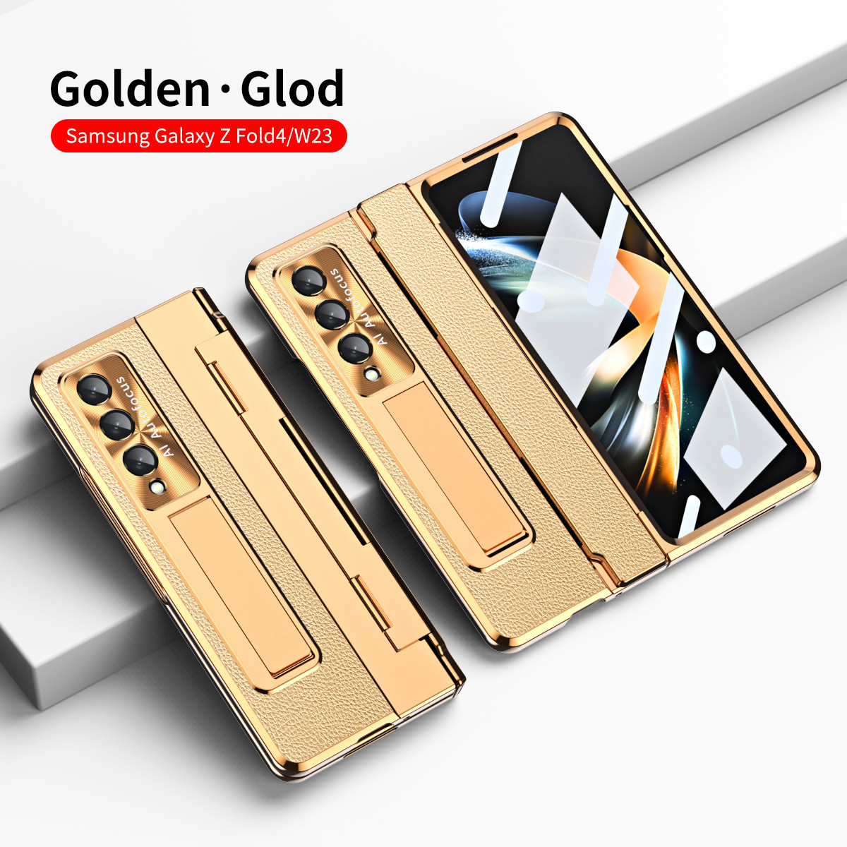 Luksusowa skórzana magnetyczna obudowa z uchwytem galwanicznym do telefonu Galaxy Z Fold3/4/5/6 ze szklanym ekranem z tyłu
