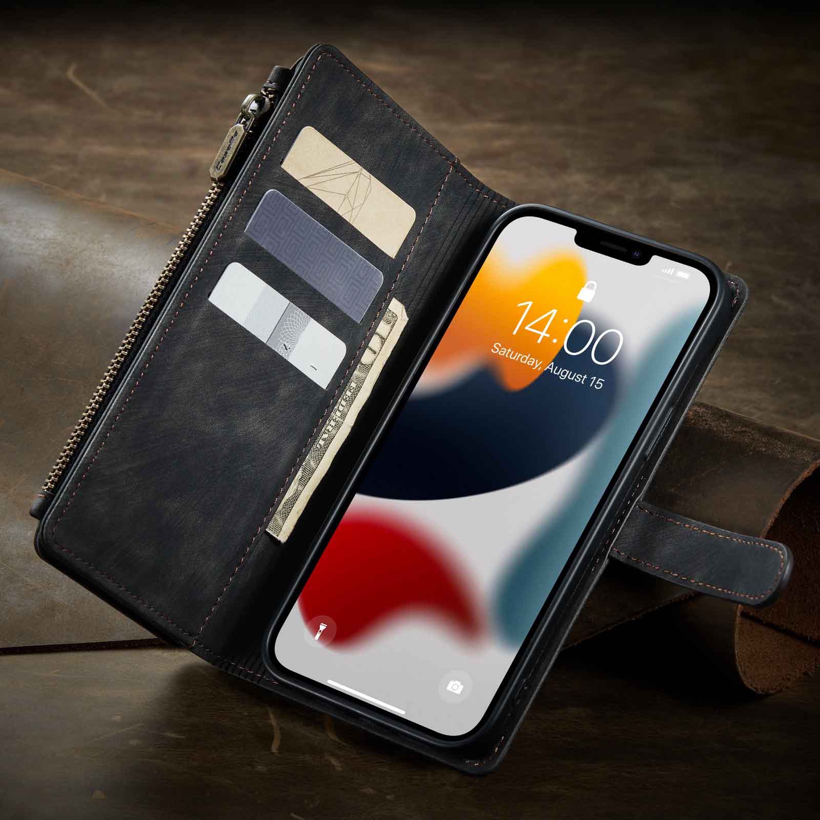 Nadaje się do 13promax portfel na zamek błyskawiczny skórzany pokrowiec Apple 14 wielokartowy futerał na telefon komórkowy iPhone15 flip 16 retro 7P