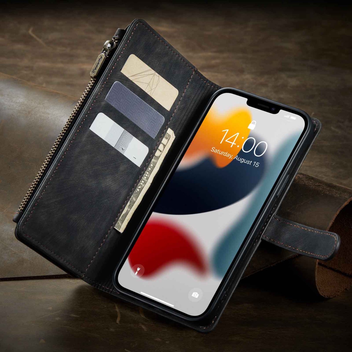 Nadaje się do 13promax portfel na zamek błyskawiczny skórzany pokrowiec Apple 14 wielokartowy futerał na telefon komórkowy iPhone15 flip 16 retro 7P