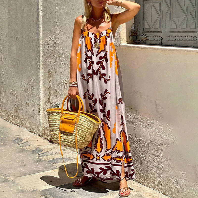 Letnia damska sukienka w nowym stylu, elegancka, z wysokim stanem i nadrukiem, na szelkach, w stylu casual