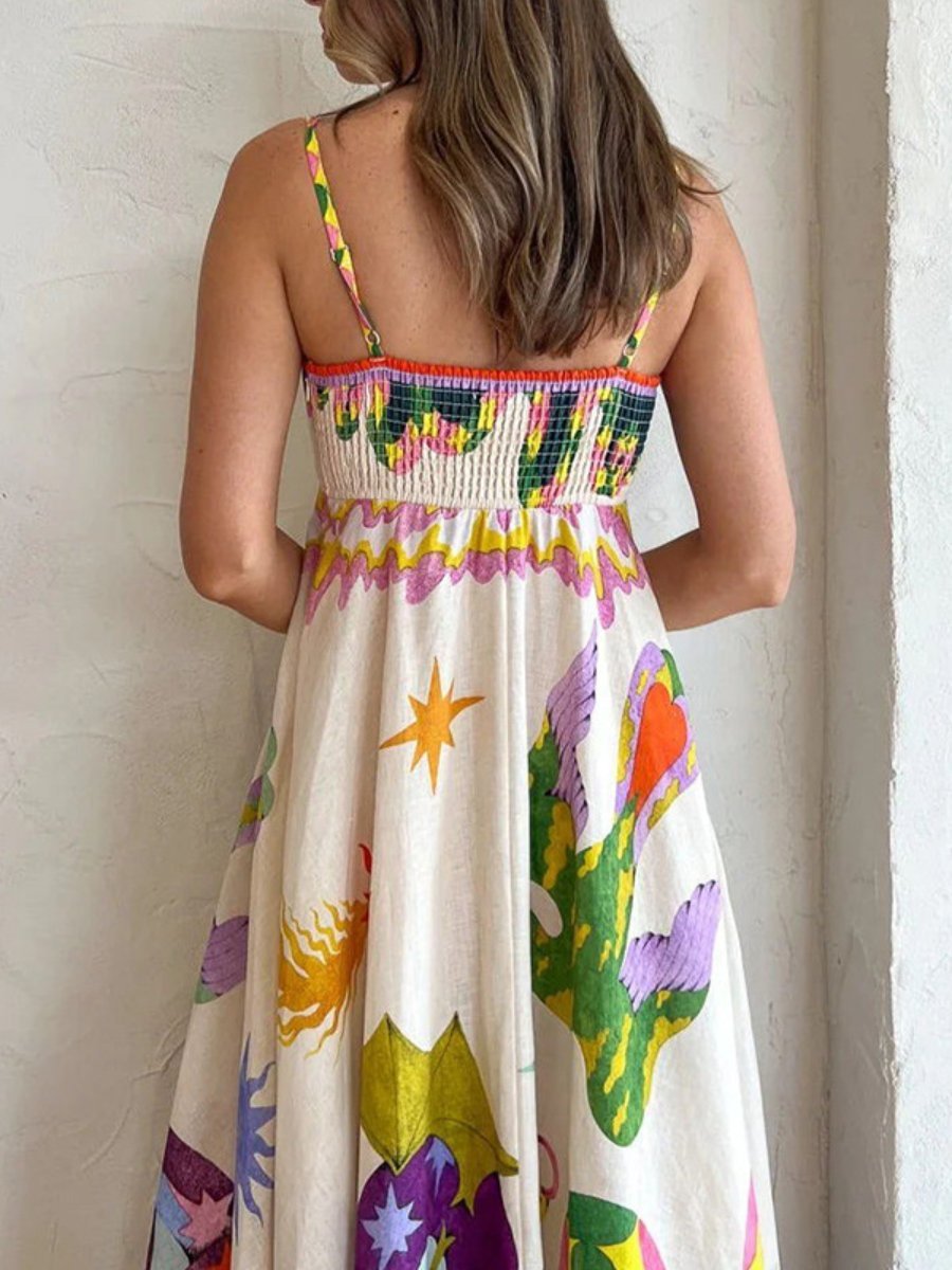 Letnia damska sukienka w nowym stylu, elegancka, z wysokim stanem i nadrukiem, na szelkach, w stylu casual