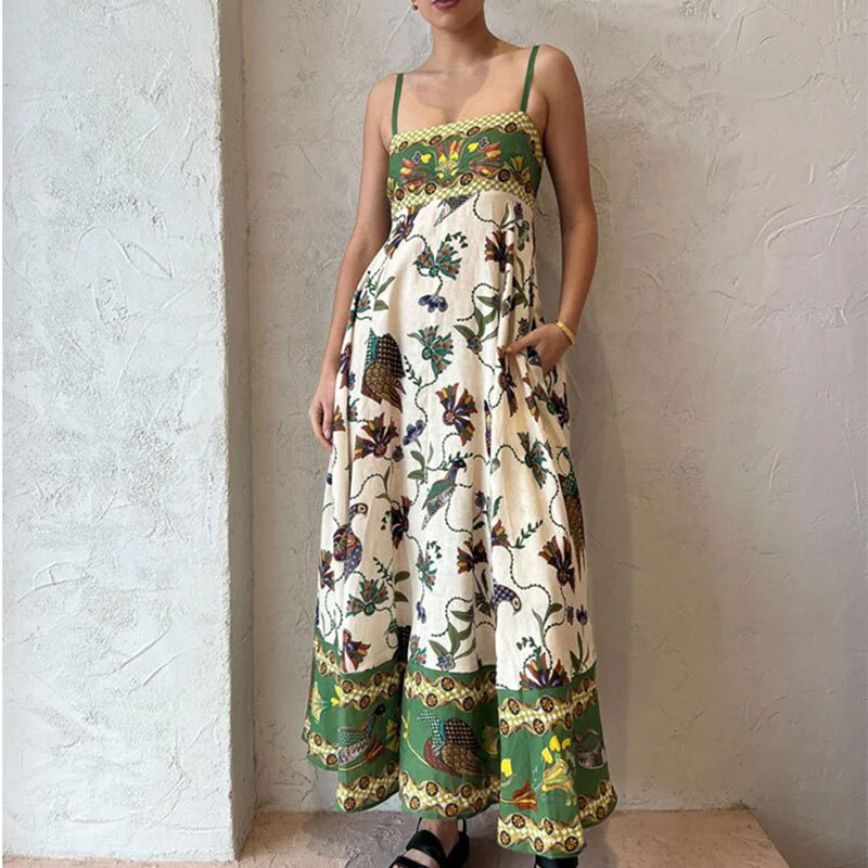 Letnia damska sukienka w nowym stylu, elegancka, z wysokim stanem i nadrukiem, na szelkach, w stylu casual