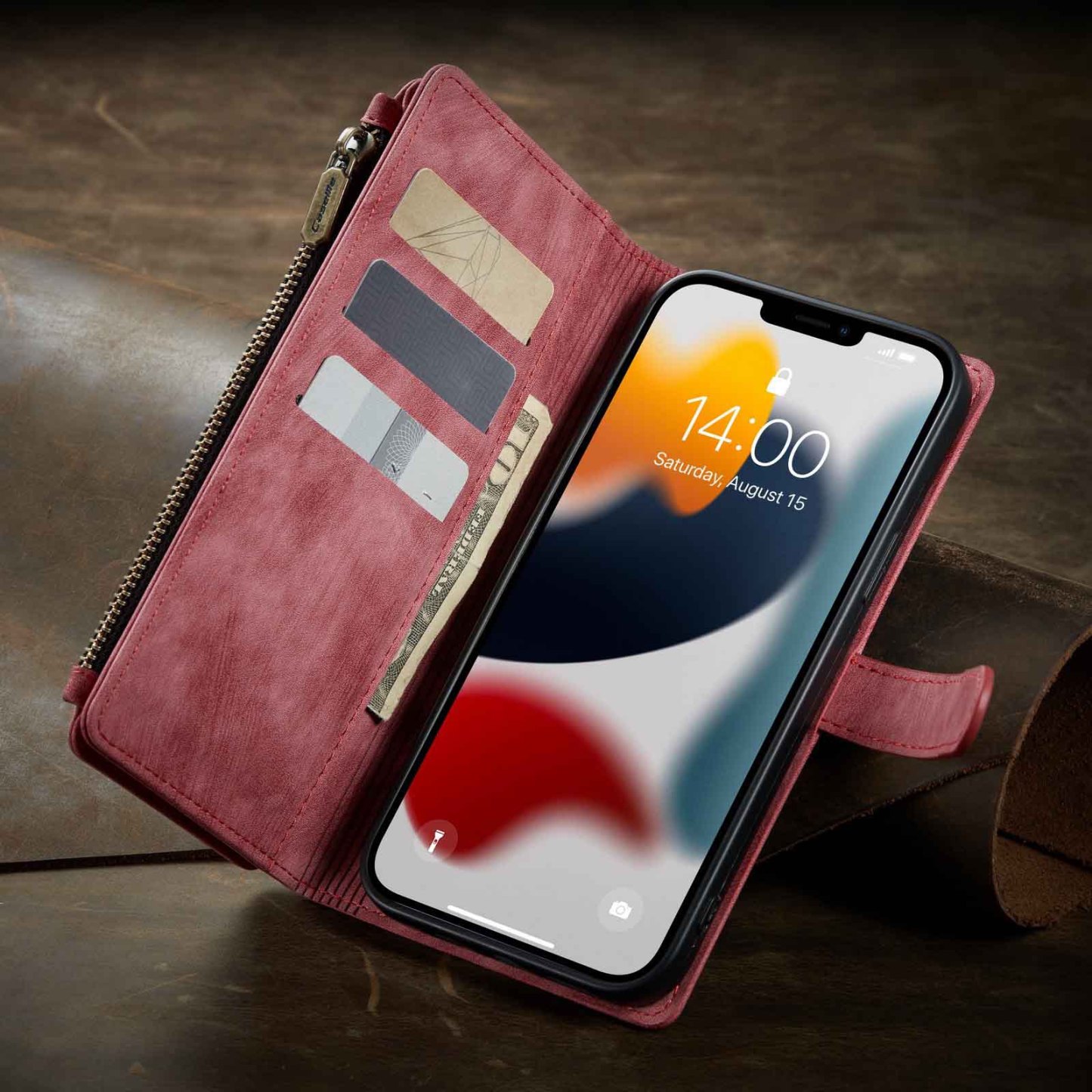 Nadaje się do 13promax portfel na zamek błyskawiczny skórzany pokrowiec Apple 14 wielokartowy futerał na telefon komórkowy iPhone15 flip 16 retro 7P