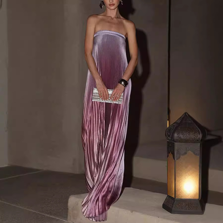 💐 Wiosenna sukienka wieczorowa plisowana bez ramiączek w ombre