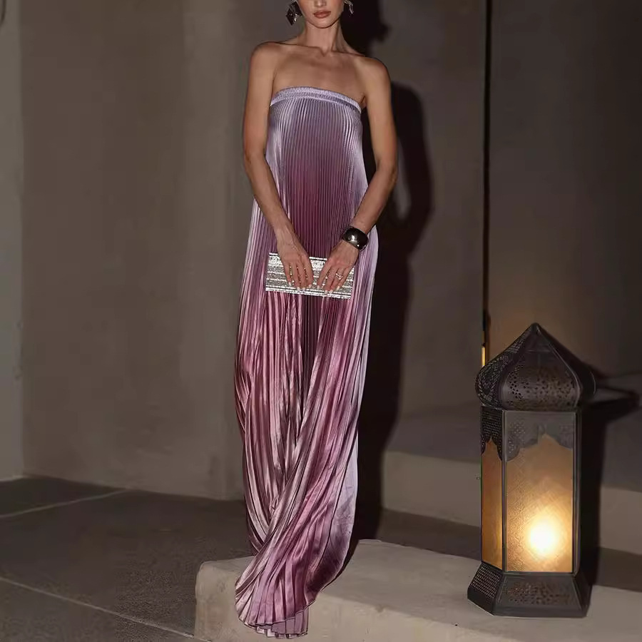 💐 Wiosenna sukienka wieczorowa plisowana bez ramiączek w ombre