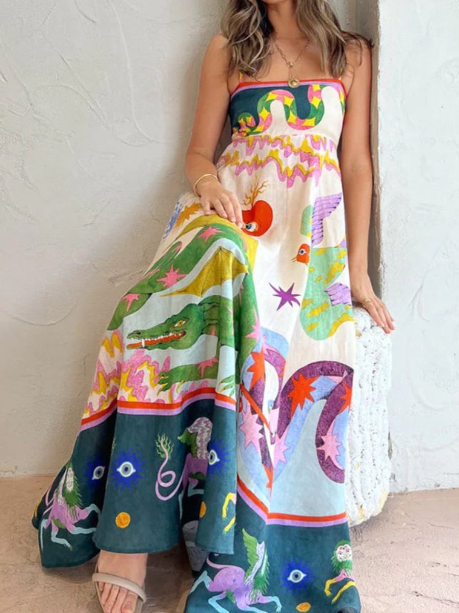 Letnia damska sukienka w nowym stylu, elegancka, z wysokim stanem i nadrukiem, na szelkach, w stylu casual