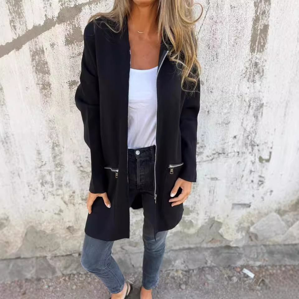 Palton casual cu fermoar în culoare solidă