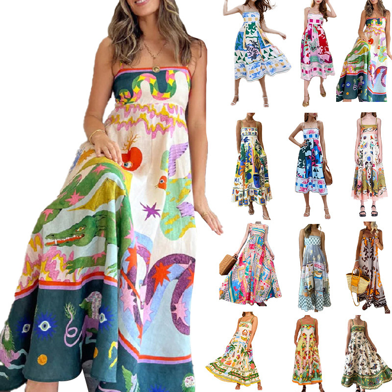 Letnia damska sukienka w nowym stylu, elegancka, z wysokim stanem i nadrukiem, na szelkach, w stylu casual