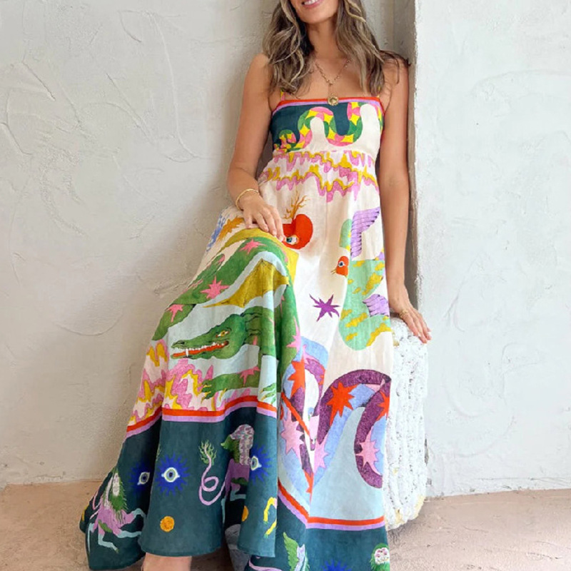 Letnia damska sukienka w nowym stylu, elegancka, z wysokim stanem i nadrukiem, na szelkach, w stylu casual