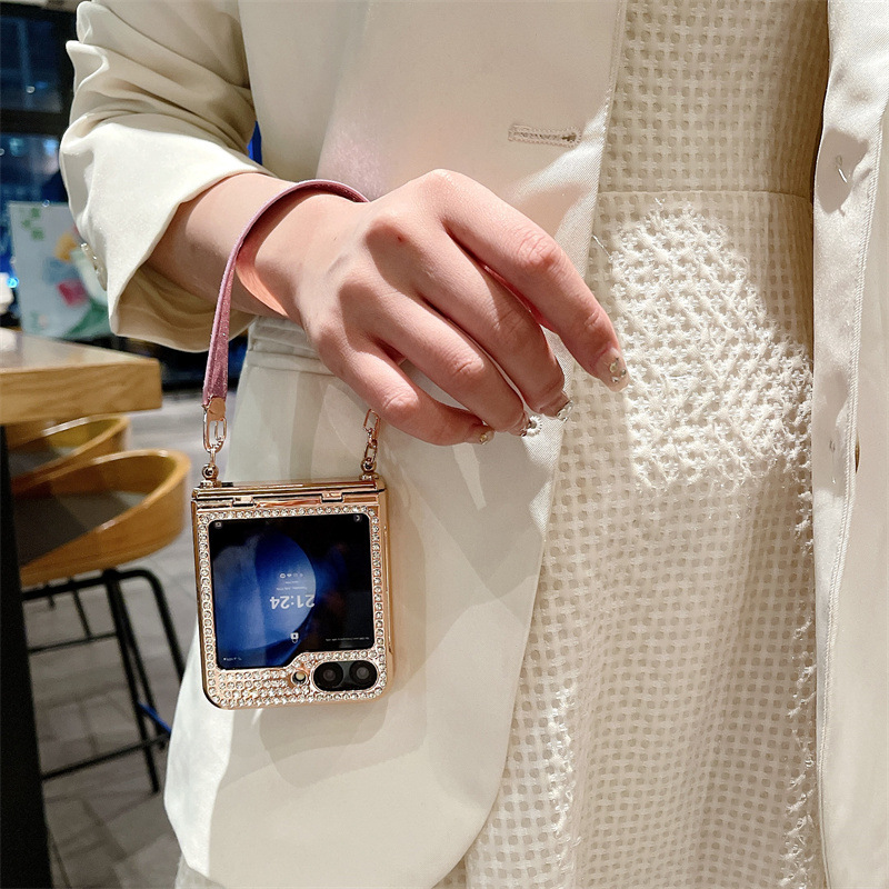 Diamentowa opaska na nadgarstek z brokatem, kompleksowa, chroniąca przed upadkiem obudowa na telefon Samsung Galaxy Flip