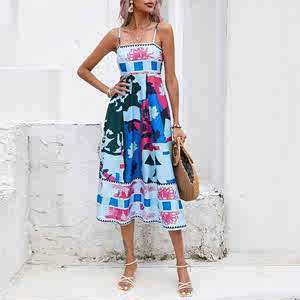 Letnia damska sukienka w nowym stylu, elegancka, z wysokim stanem i nadrukiem, na szelkach, w stylu casual