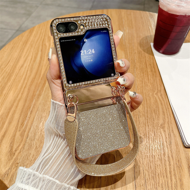 Diamentowa opaska na nadgarstek z brokatem, kompleksowa, chroniąca przed upadkiem obudowa na telefon Samsung Galaxy Flip
