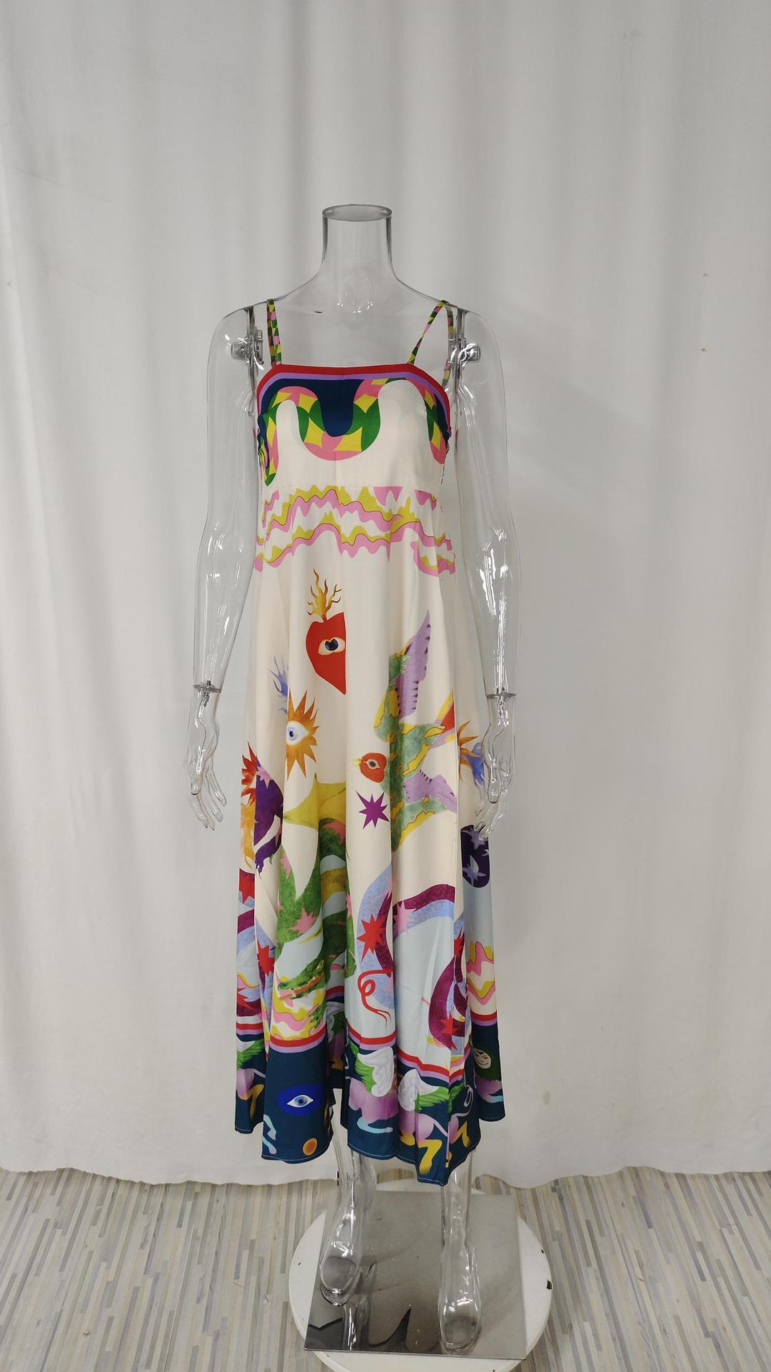 Letnia damska sukienka w nowym stylu, elegancka, z wysokim stanem i nadrukiem, na szelkach, w stylu casual