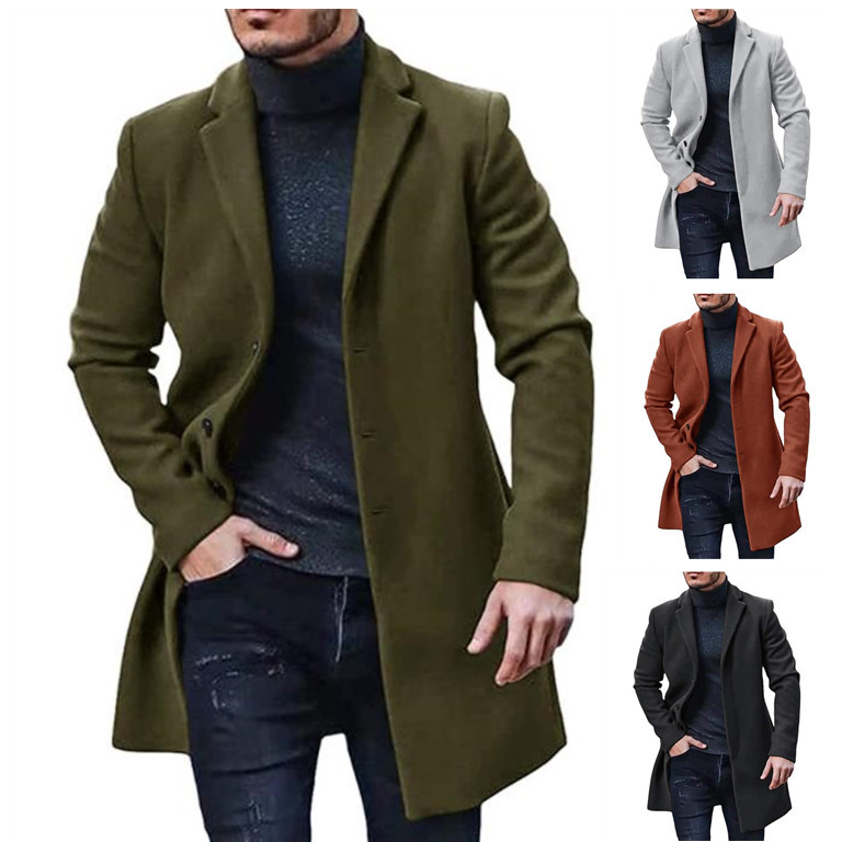 Męski płaszcz retro typu trench, półformalny, ciepły, jednorzędowy płaszcz na jesień i zimę do pracy