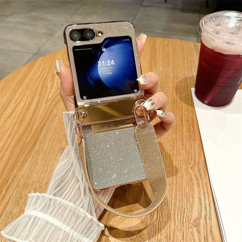 Diamentowa opaska na nadgarstek z brokatem, kompleksowa, chroniąca przed upadkiem obudowa na telefon Samsung Galaxy Flip