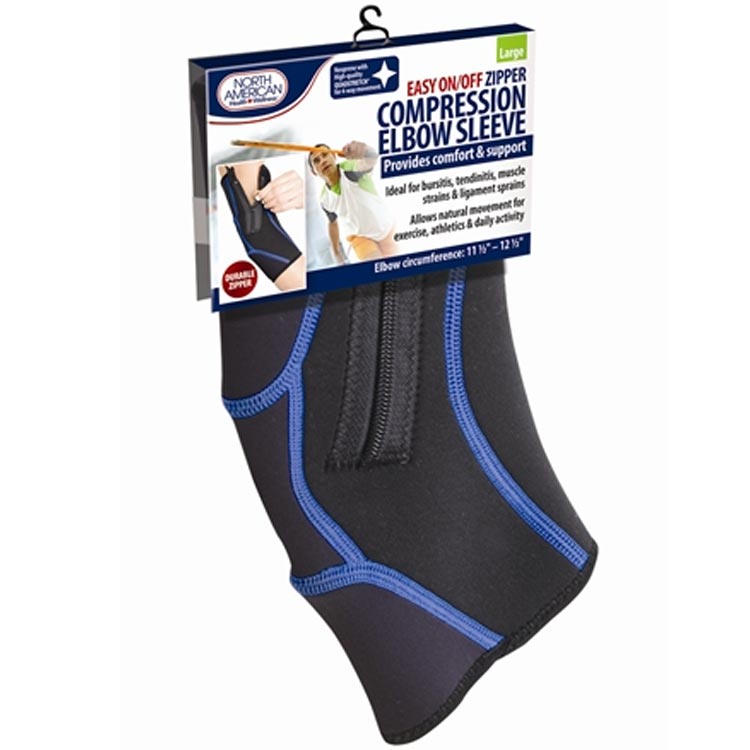North American Health & Wellness easy on and off zip compression elbow sleeve in retail packaging, designed to provide comfort and support for elbow pain, strains and sprains.