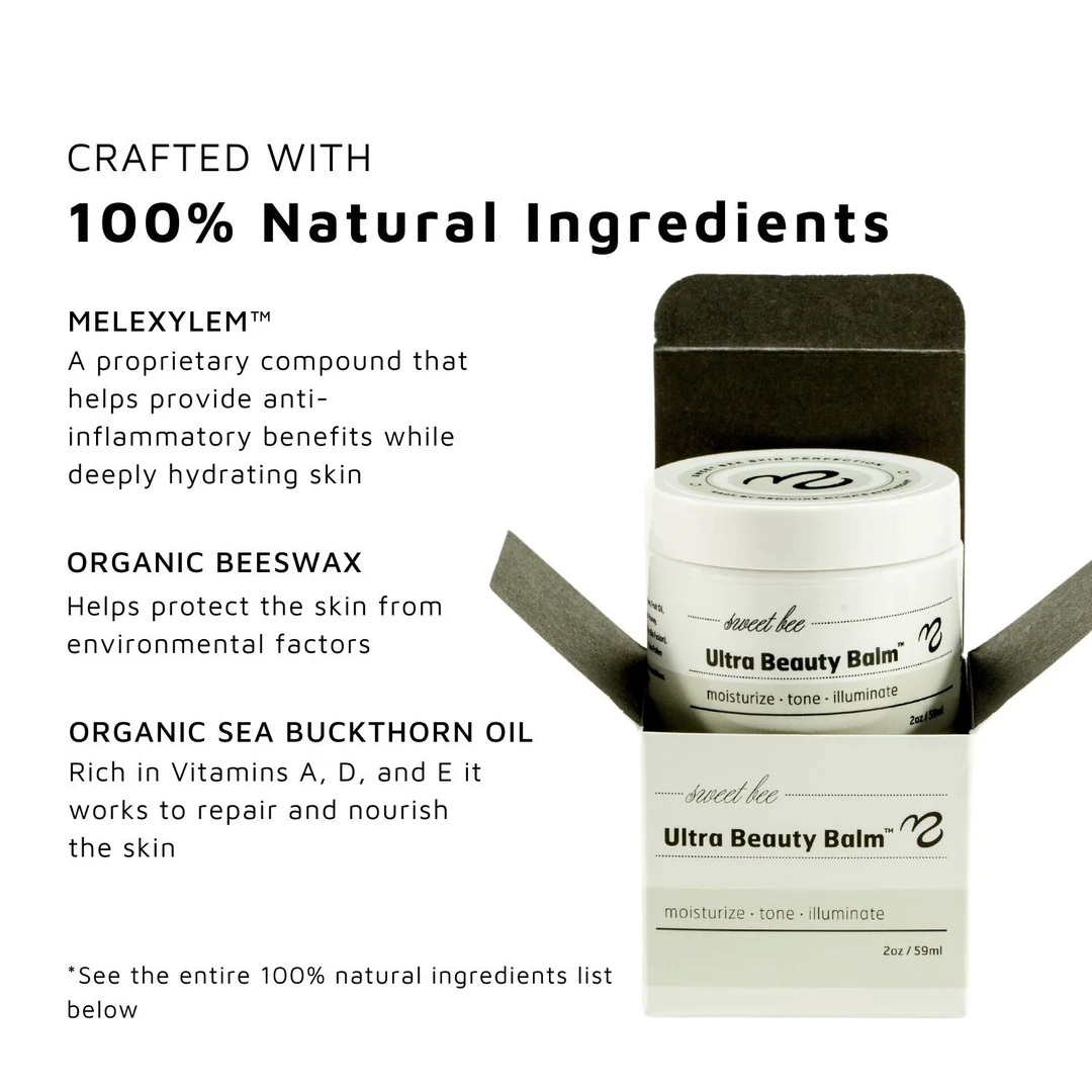Sweet Bee Naturals Ultra Beauty Balm packaging highlighting 100% natural ingredients, including Melexylem™, organic beeswax, and organic sea buckthorn oil, shown in an open box to emphasise nourishing, hydrating, and skin-protecting benefits.