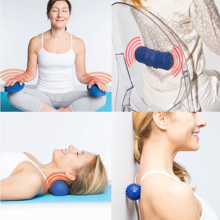 Dr Cohen’s blue textured wellness tools shown in a four-image collage, demonstrating seated, lying, chair-supported, and wall-supported positioning for use on the hands, back, neck, and shoulders.
