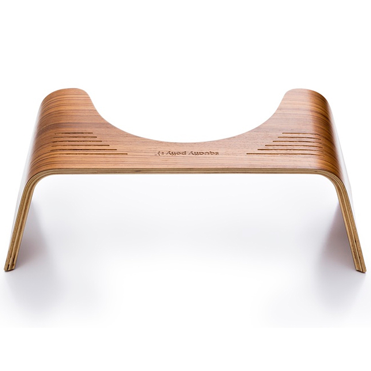 Squatty Potty Slim wooden toilet stool with teak finish, ergonomic curved bathroom footstool designed to raise knees into a natural squatting position, helping improve digestion, reduce straining, relieve constipation and support healthier bowel movements.