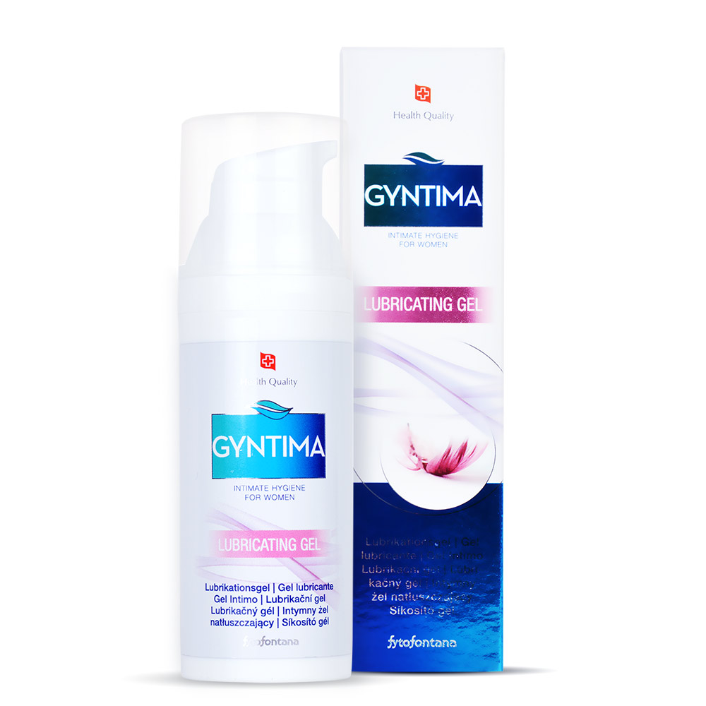 Gyntima Lubricating Gel bottle and box, a feminine moisturising lubricant designed to relieve vaginal dryness, support comfort during intimacy and soothe sensitive intimate skin.