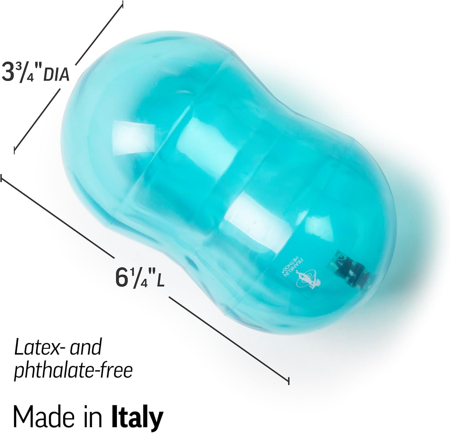 Franklin Mini Roller shown with dimensions: peanut-shaped massage roller measuring 6¼ inches long and 3¾ inches in diameter, made from latex- and phthalate-free transparent blue material, featuring an air valve for adjustable firmness, made in Italy.