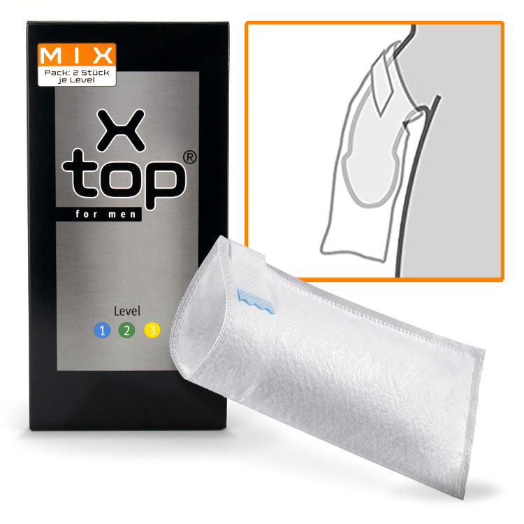 XTop for Men incontinence pouch with packaging and fit illustration, designed to manage male urinary leaks, provide discreet bladder protection and support men with stress or light incontinence.
