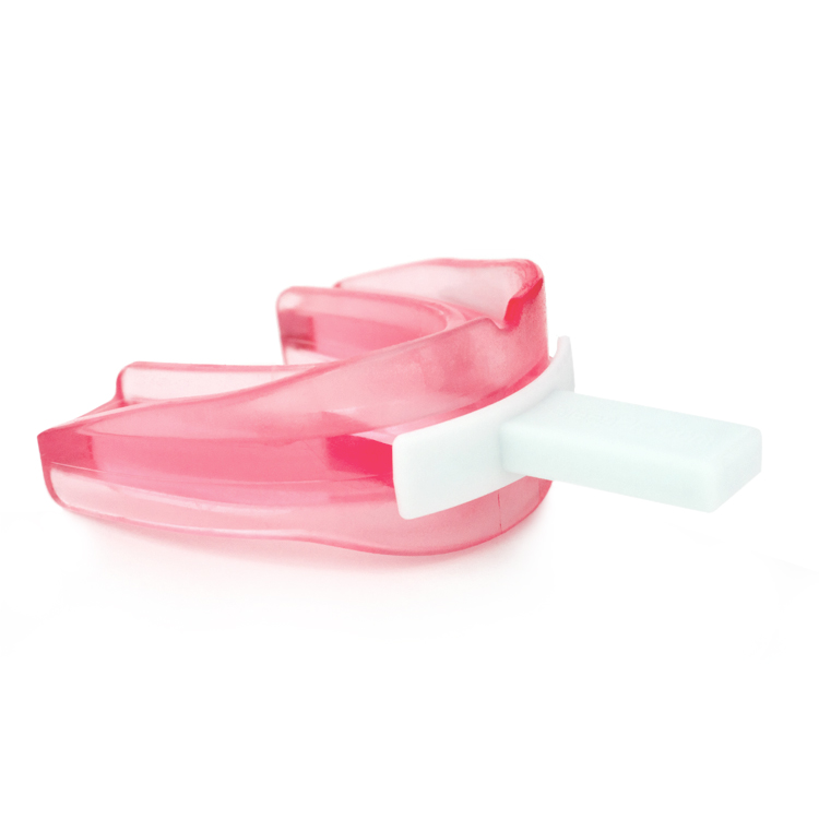 SleepPro Woman anti-snoring mouthpiece with boil-and-bite fitting tab, designed for a custom female-specific fit that gently advances the jaw to reduce snoring, improve airflow, and support quieter, more restful sleep.