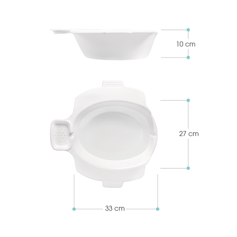 Kegel8 Dimensions diagram of a portable sitz bath and toilet bidet showing 33 cm width, 27 cm length and 10 cm depth, designed to fit securely over a standard toilet bowl