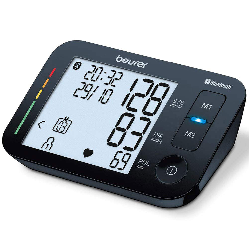 Beurer BM54 Bluetooth blood pressure monitor displaying systolic and diastolic readings, pulse rate, date and time, with large LCD screen, memory buttons, colour risk indicator and one-touch operation for accurate home blood pressure monitoring.