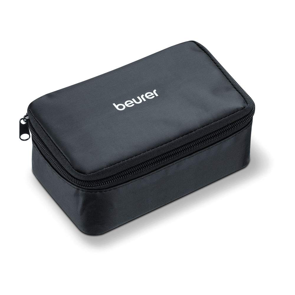 Beurer branded black zippered storage case designed to safely store and protect the Beurer BM54 blood pressure monitor, cuff and accessories for home use or travel.