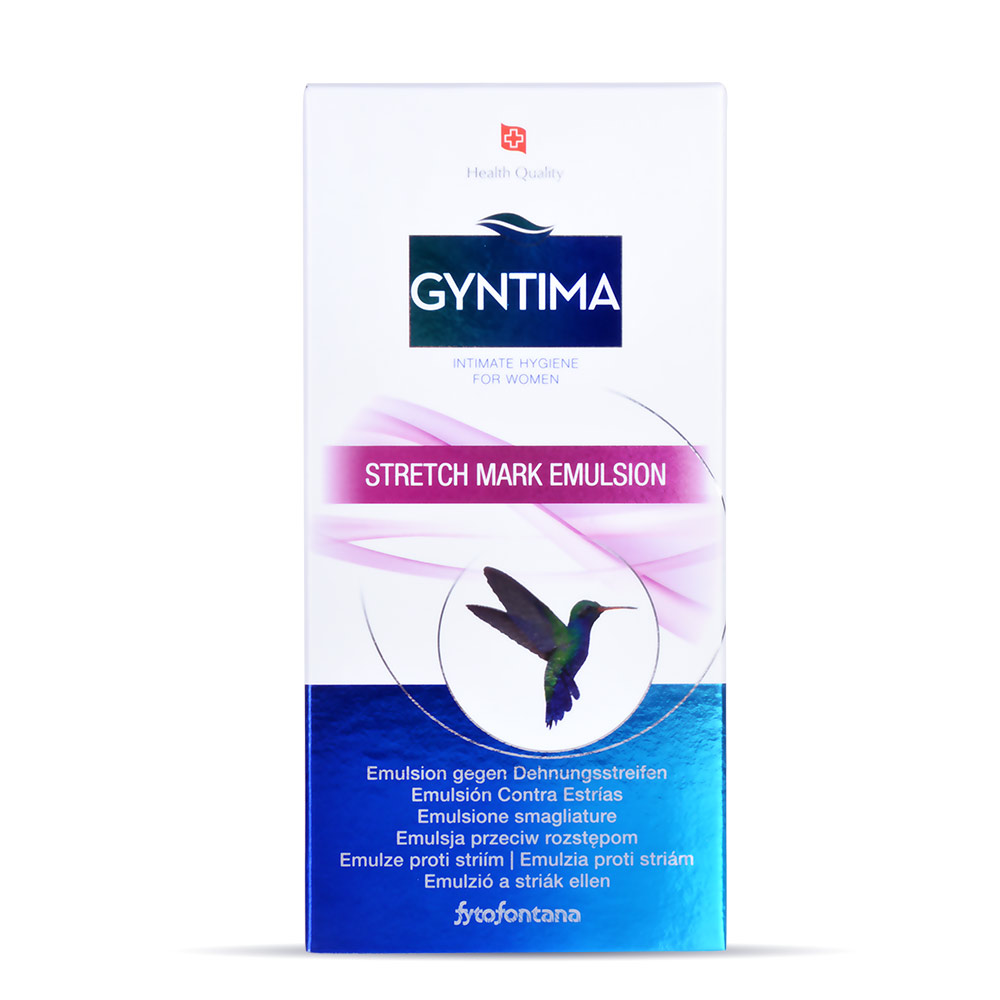 Gyntima Stretch Mark Emulsion 100ml packaging – fast absorbing non-greasy cream to reduce stretch marks and improve skin elasticity