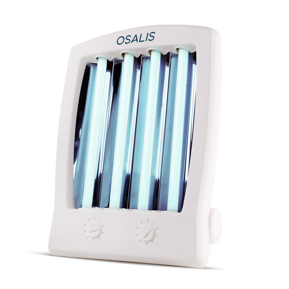 Osalis light tanning therapy lamp with four blue light tubes and control dials, designed for tanning and eczema and psoriasis flare ups. Skin treatment and improving mood and wellbeing.