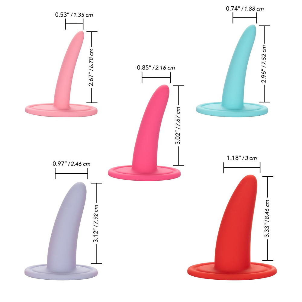 She-Ology 5-piece vaginal dilator size guide showing graduated silicone dilators with measurements for vaginismus and vaginal stenosis therapy.