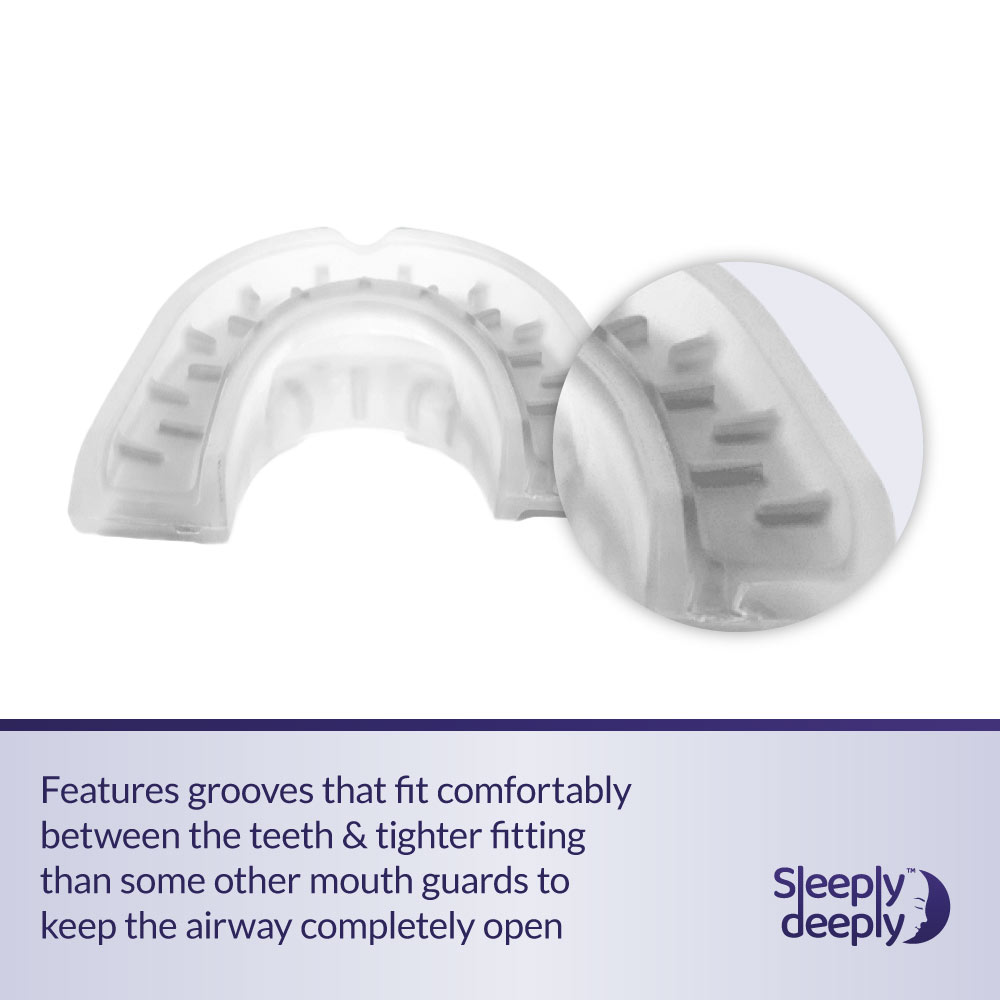 Sleeply Deeply anti-snoring mouth guard with precision grooves that fit comfortably between the teeth, providing a secure, tighter fit to keep the airway open, improve airflow, reduce snoring, and support restful, uninterrupted sleep.