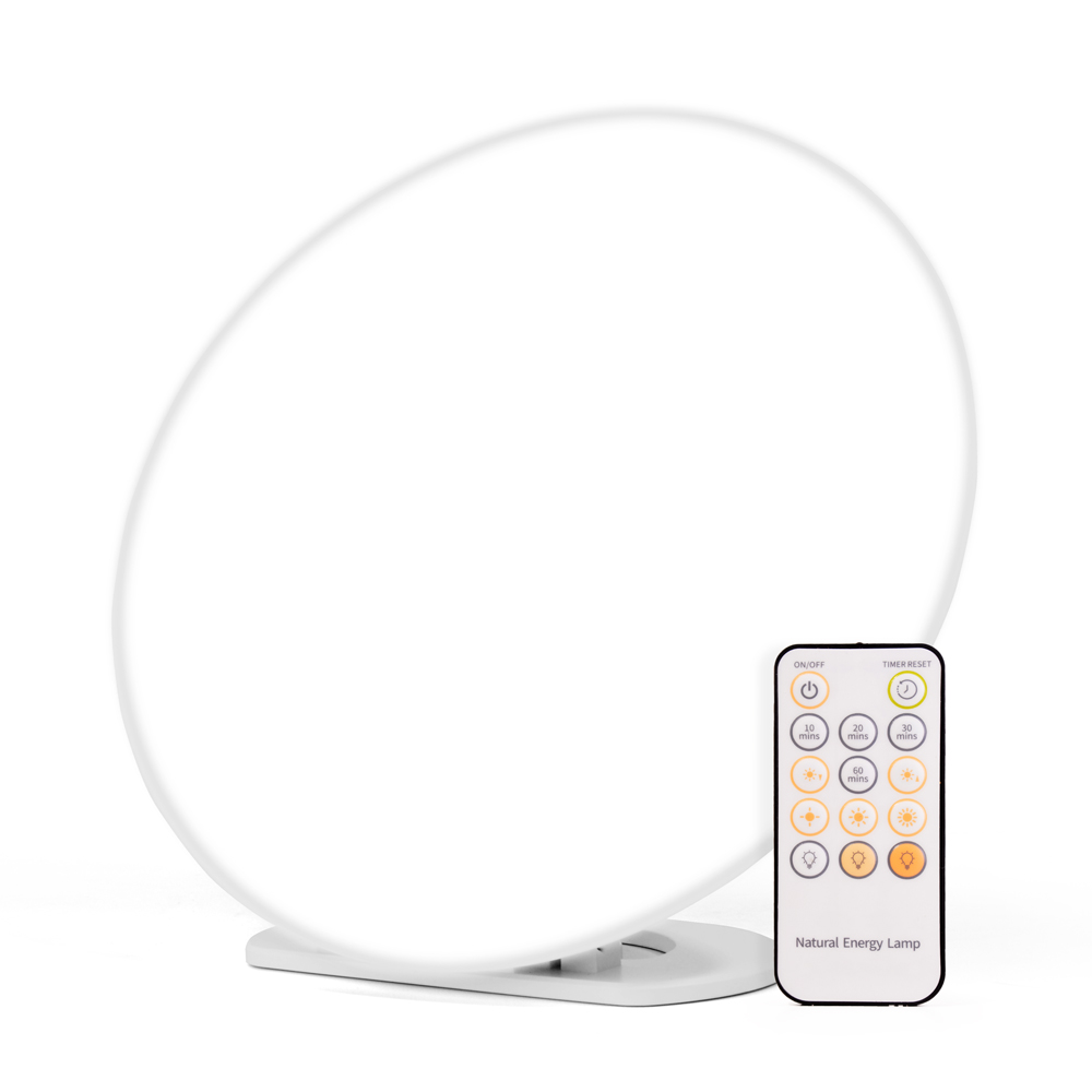 Osalis Circular SAD light therapy lamp with remote control, offering adjustable brightness and colour settings to boost mood, improve energy and support wellbeing during low-light seasons.